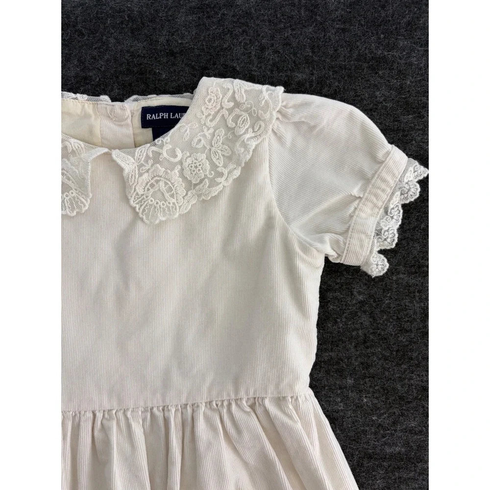 Ralph Lauren Girls Cream Corduroy Lace Collar Dress Size 4 Pintuck Hem Holiday